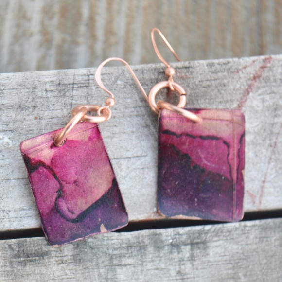 Conceptual Subculture Jewelry - Pink Purple Solid Copper Earrings Drop Dangle Handmade Boho Rustic Cute Gift
